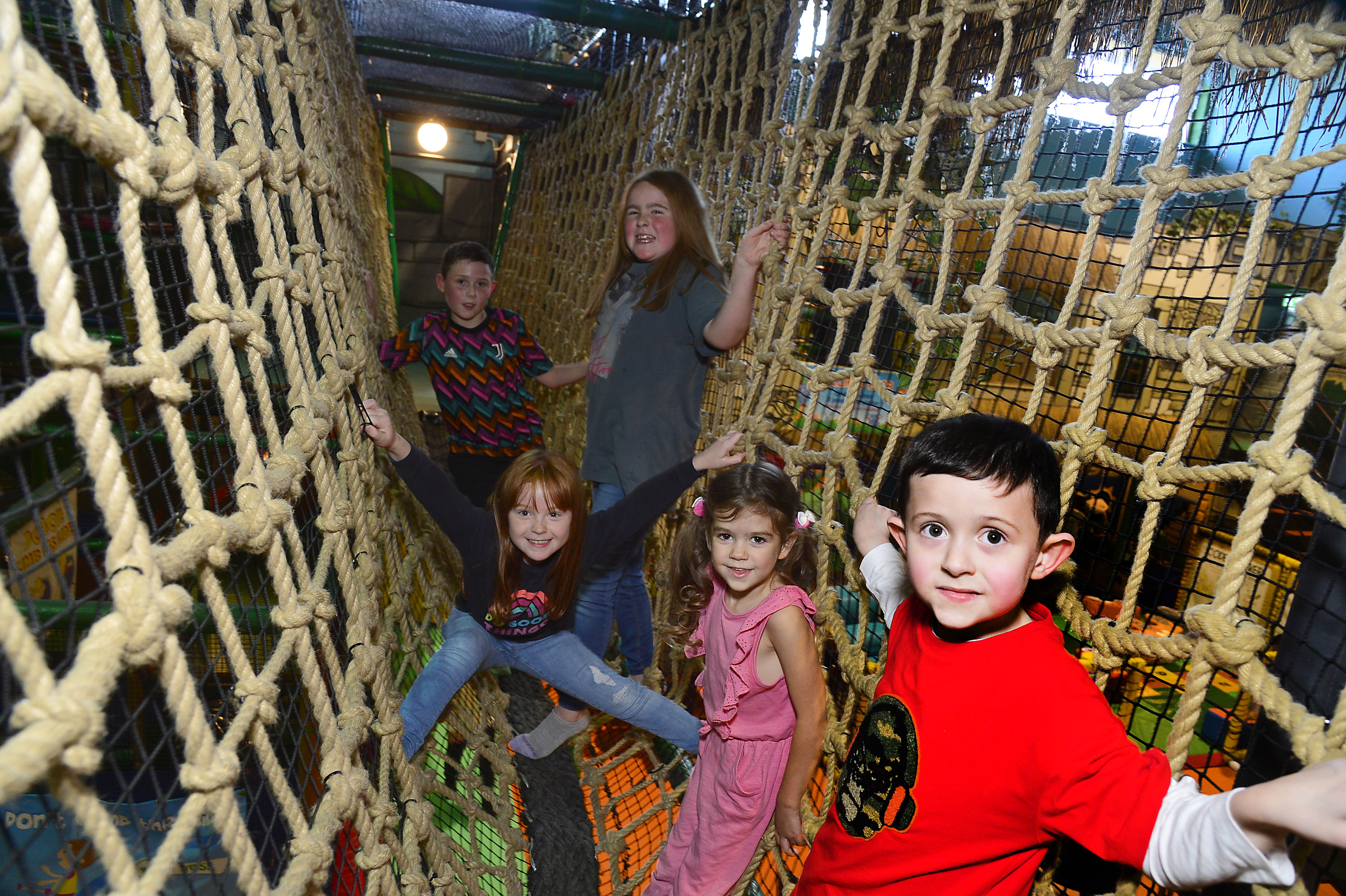 Kids climbing across rope bridge at Indiana Land